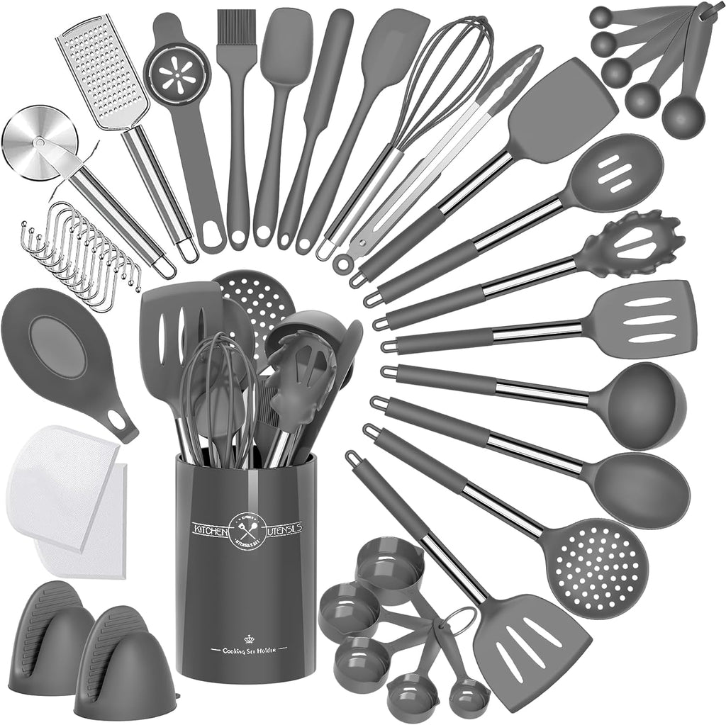 Professional Silicone Kitchen Utensil Set - 43-Piece Non-Stick Heat-Resistant Spatula with Stainless Steel Handle (Grey)