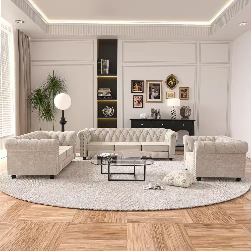 Chesterfield 3-Piece Living Room Set in Beige Linen with Rolled Arms: Sofa, Loveseat, and Chair
