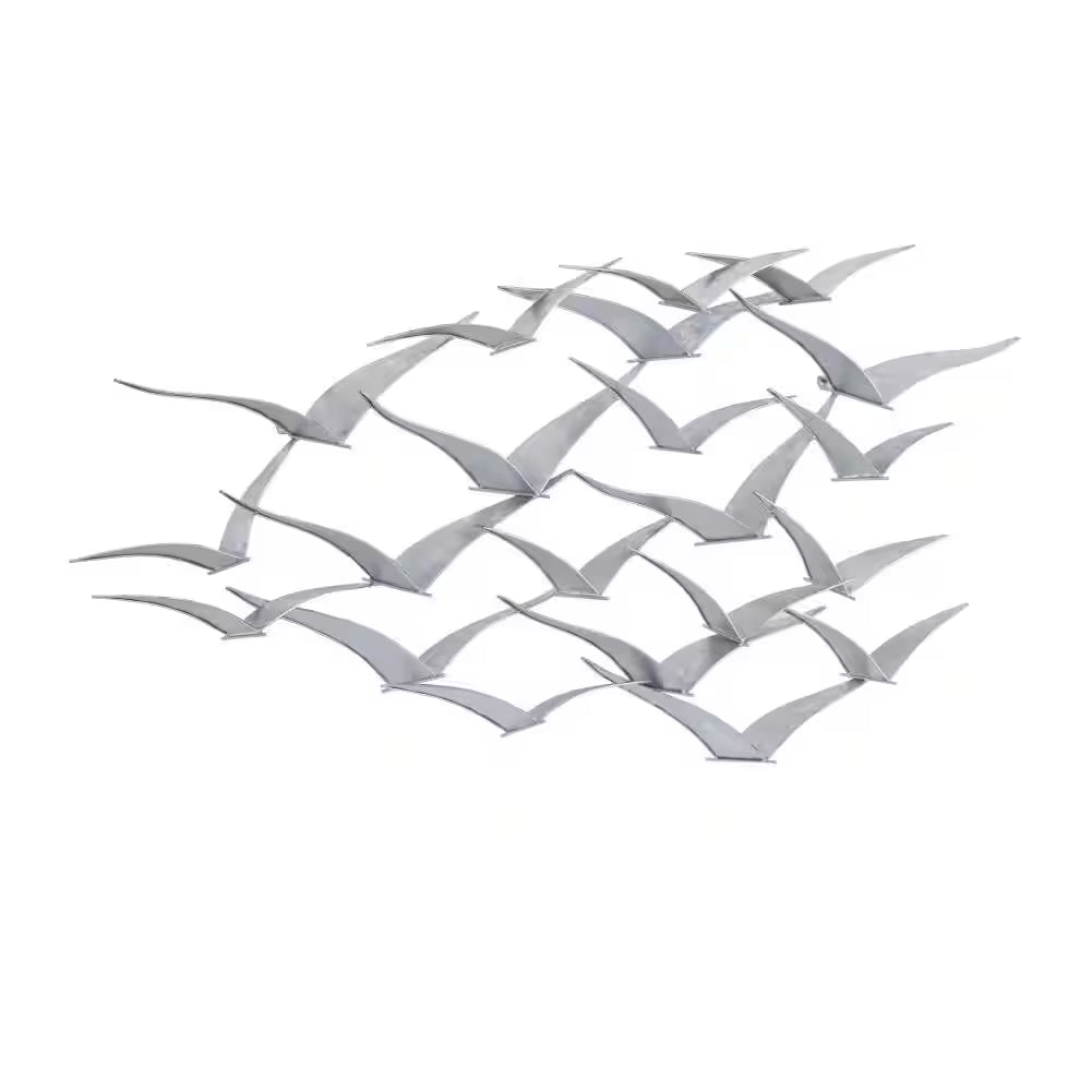 48 In. X 25 In. Metal Silver Flying Flock of Bird Wall Decor