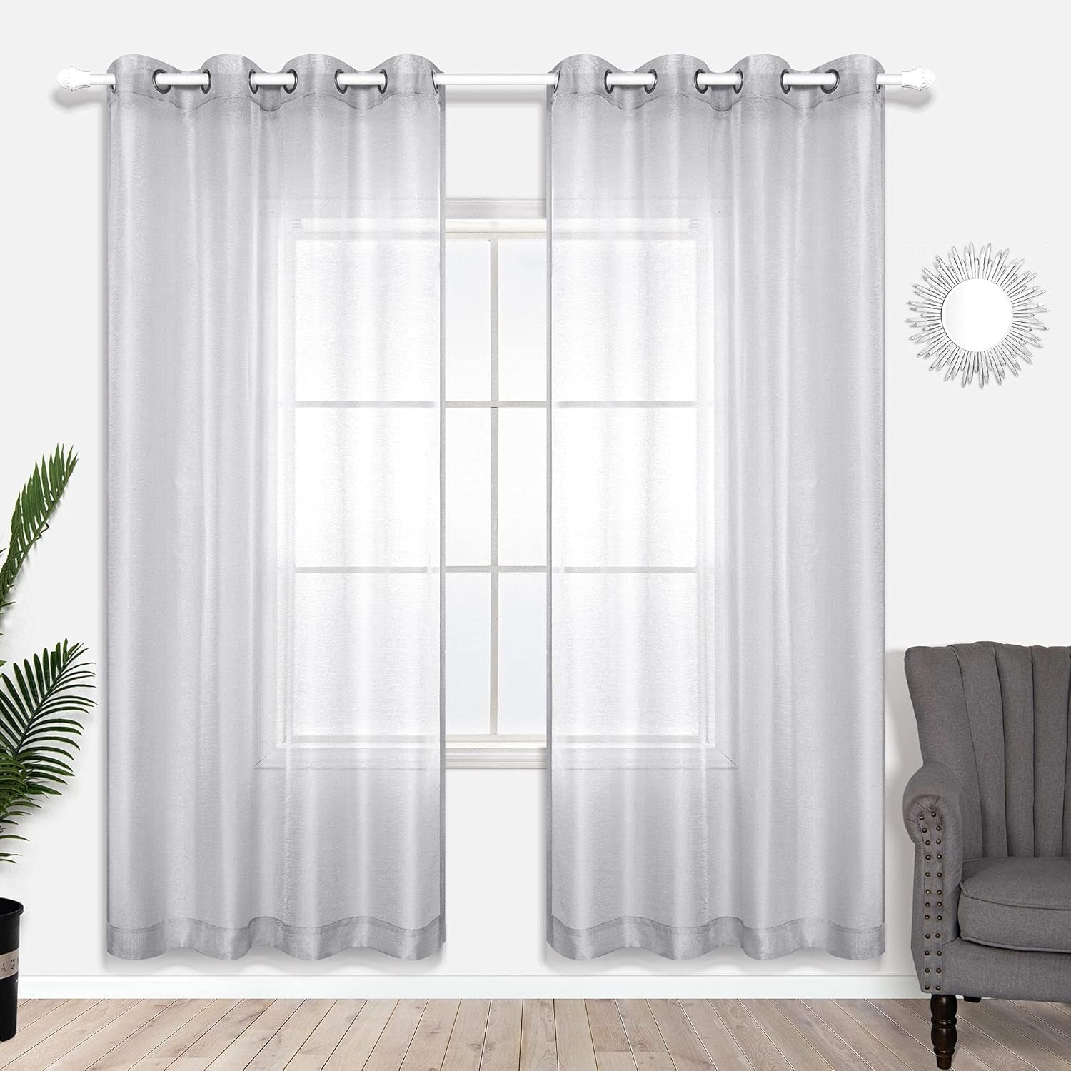 Luxury Light Grey Sheer Curtains for Living Room and Bedroom, Grommet Backdrop Panels, 52 x 84 Inches, Set of 2