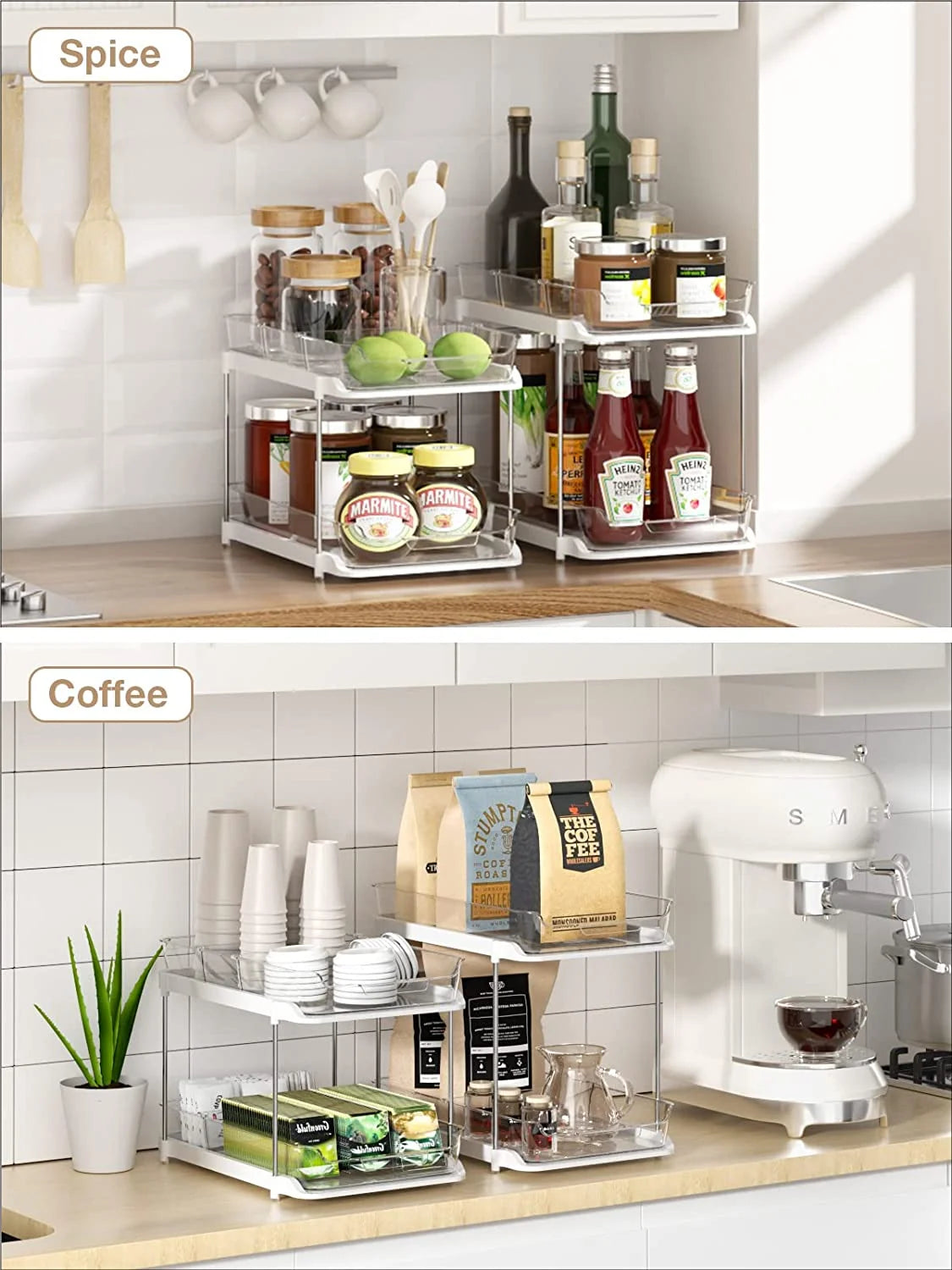 2 Pack Set under Sink Organizers and Storage, 2 Tier Sliding Bathroom Sink Organizer, Multi-Use under Kitchen Cabinet Storage Shelf (S&L), Transparent