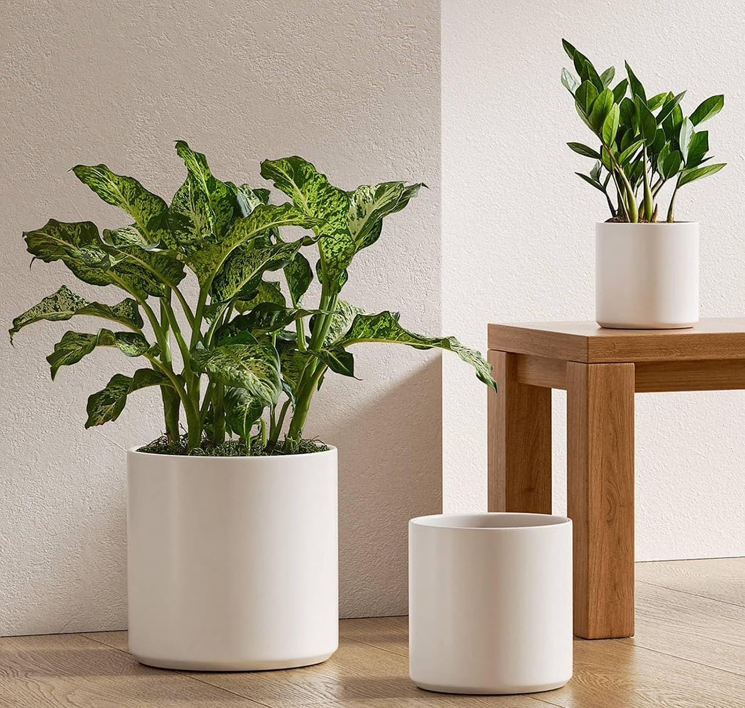 Set of 3 White Indoor Plant Pots (10", 8", 6") with Drainage Hole and Plug for Indoor and Patio Decor