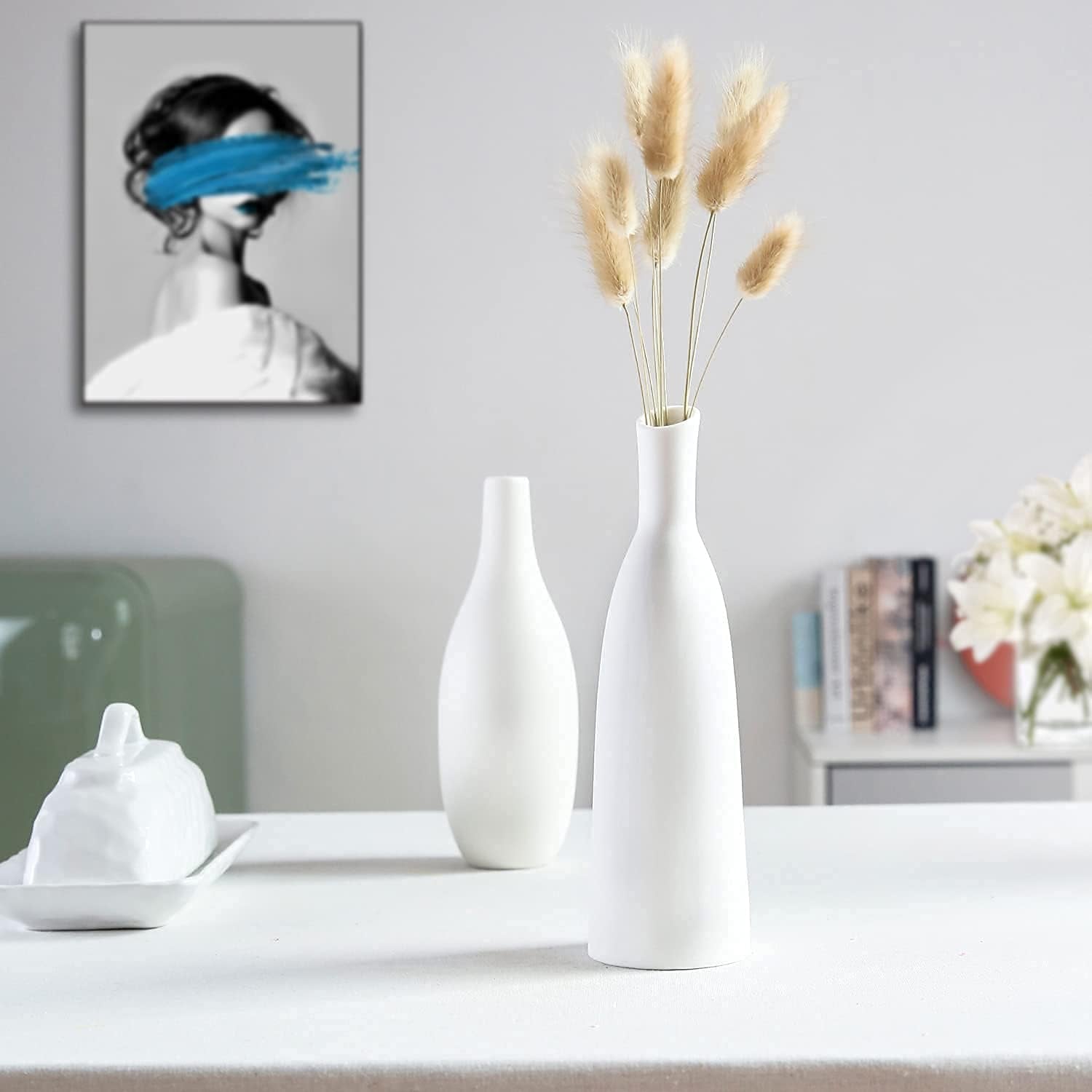Ceramic Vase Set of 2, Small Flower Vases, White Frosted Matte Surface Vases for Rustic Home Decor