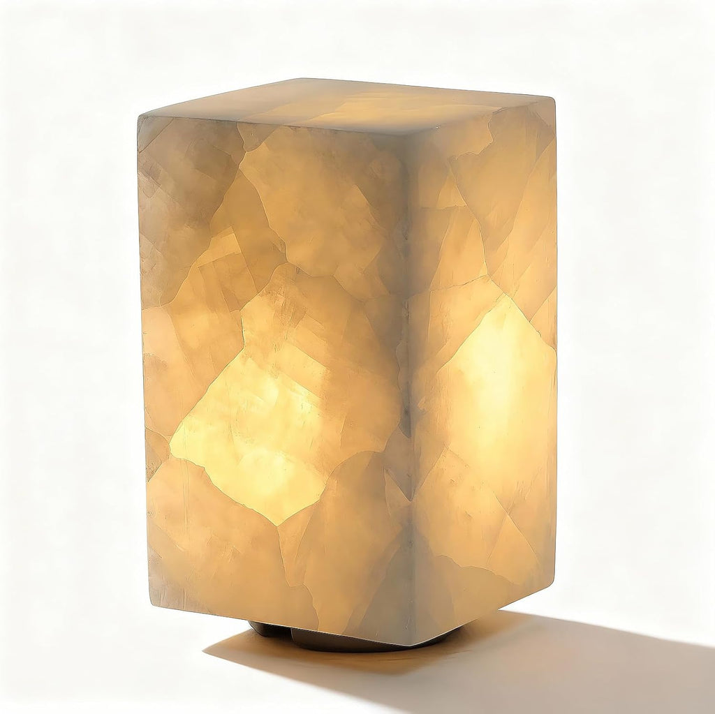 Handcrafted Natural Calcite Stone Table Lamp with Unique Crystal Texture, Dimmable 3-Color LED, Modern Decorative Cuboid Lamp for Bedroom and Living Room - White