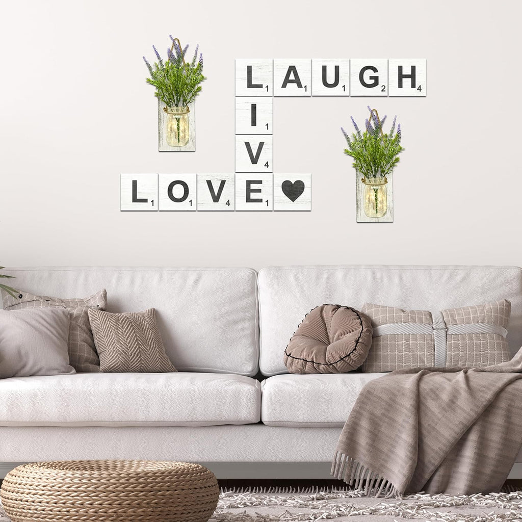 Live, Laugh, Love - Large Rustic Crossword Tiles for Wall Decor, Big Decorative Square Wooden Letters for Wall Art, Farmhouse Kitchens, Living Rooms, Bedrooms - 5" X 5"