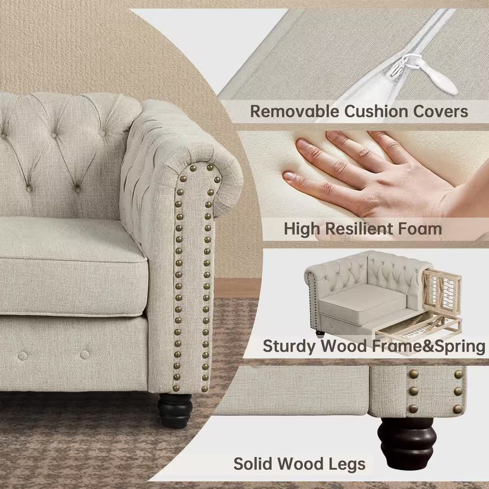 Chesterfield 3-Piece Living Room Set in Beige Linen with Rolled Arms: Sofa, Loveseat, and Chair