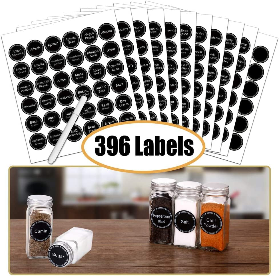 Professional Spice Rack Organizer Set with 32 Glass Jars, 396 Labels, Chalk Marker, and Funnel - Versatile Storage for Cabinets, Countertops, Cupboards, or Wall Mount - Black
