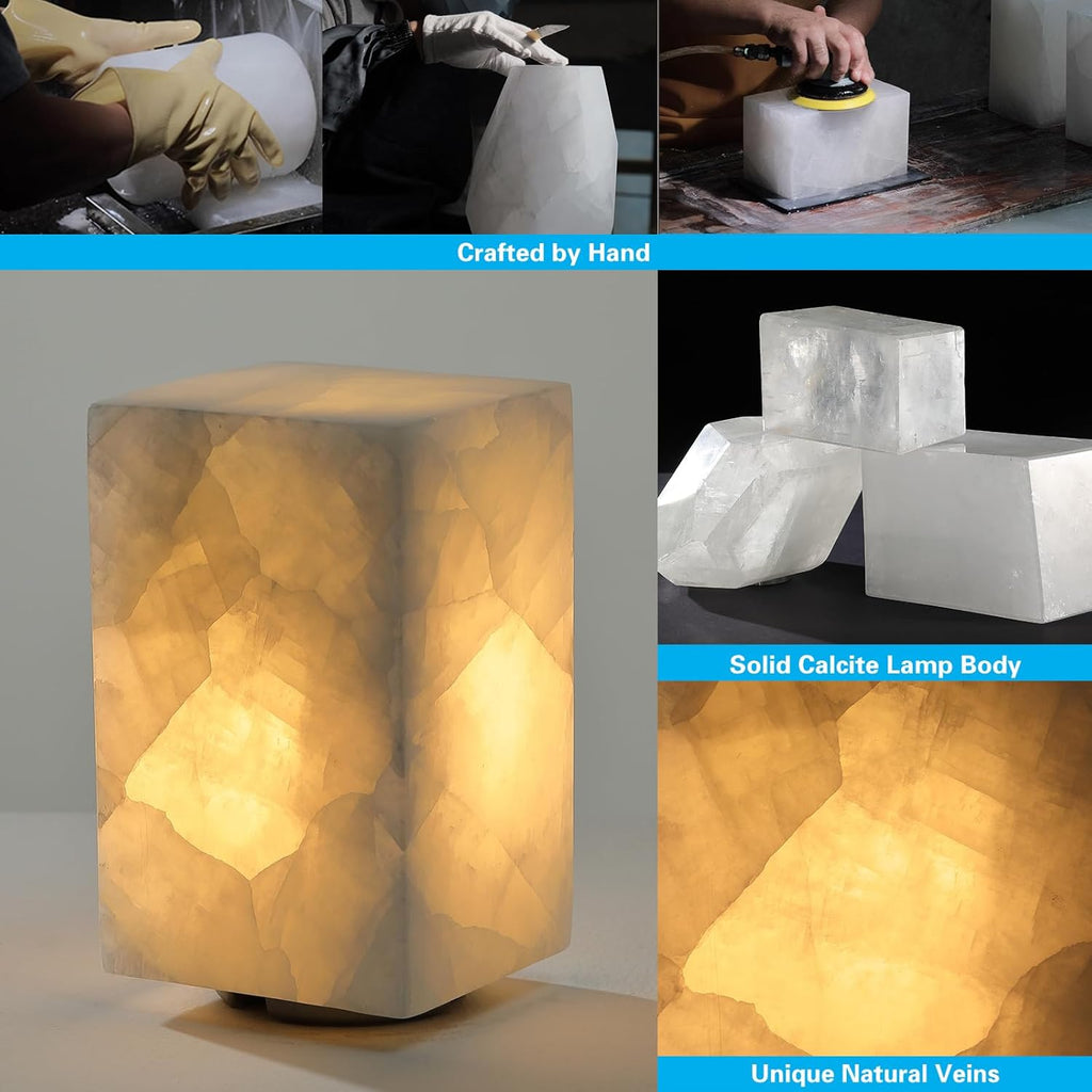 Handcrafted Natural Calcite Stone Table Lamp with Unique Crystal Texture, Dimmable 3-Color LED, Modern Decorative Cuboid Lamp for Bedroom and Living Room - White
