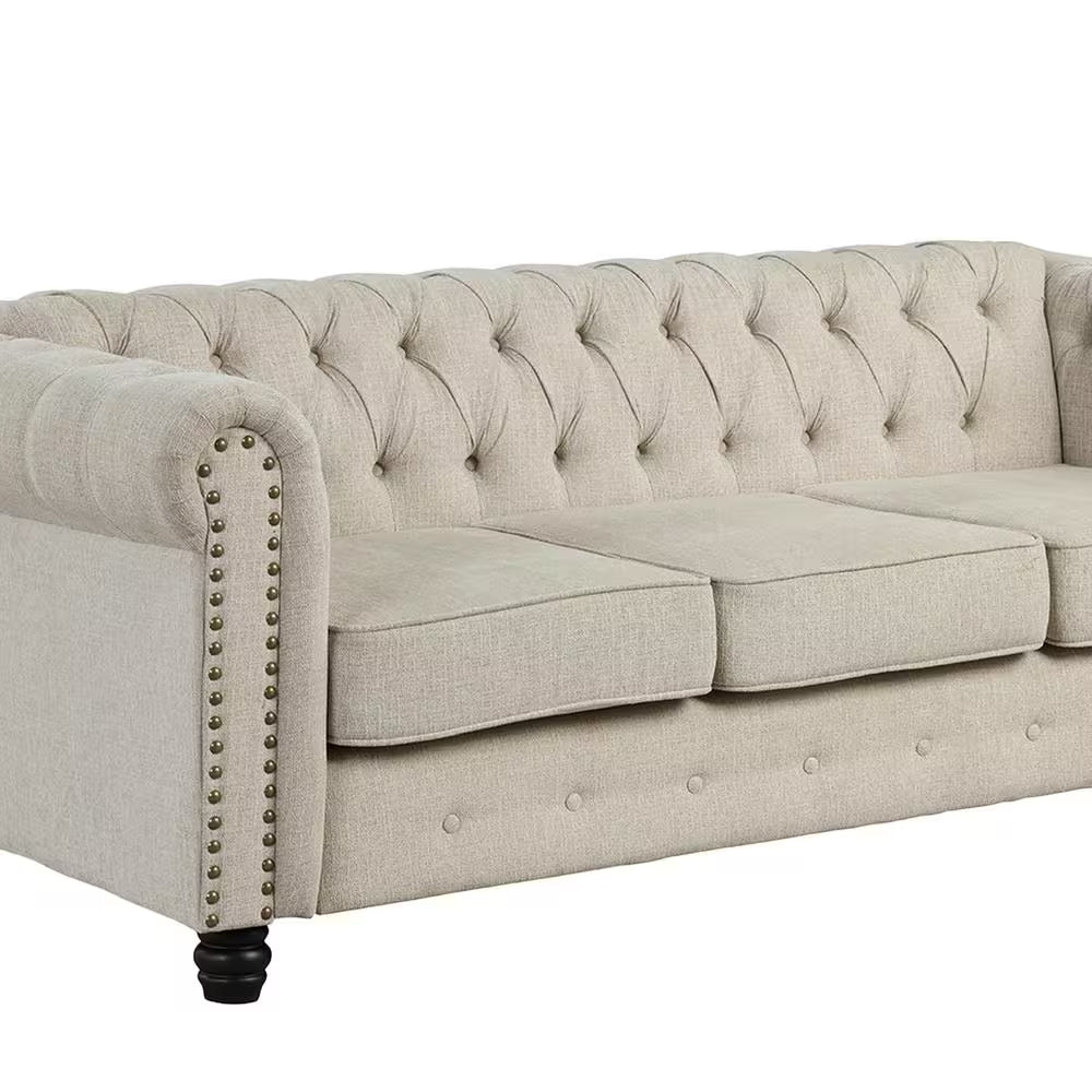 Chesterfield 3-Piece Living Room Set in Beige Linen with Rolled Arms: Sofa, Loveseat, and Chair