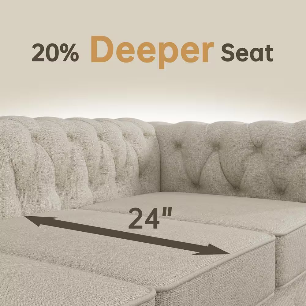 Chesterfield 3-Piece Living Room Set in Beige Linen with Rolled Arms: Sofa, Loveseat, and Chair