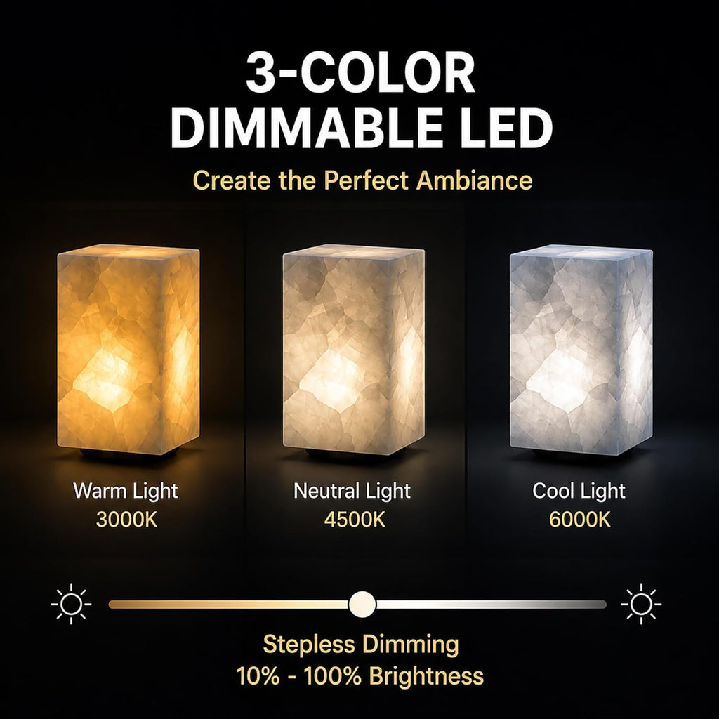 Handcrafted Natural Calcite Stone Table Lamp with Unique Crystal Texture, Dimmable 3-Color LED, Modern Decorative Cuboid Lamp for Bedroom and Living Room - White