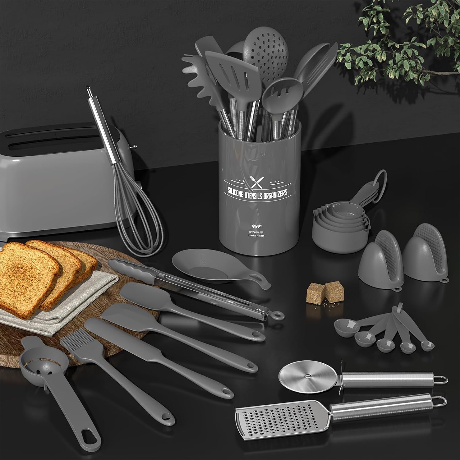 Professional Silicone Kitchen Utensil Set - 43-Piece Non-Stick Heat-Resistant Spatula with Stainless Steel Handle (Grey)