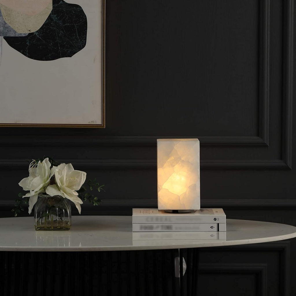 Handcrafted Natural Calcite Stone Table Lamp with Unique Crystal Texture, Dimmable 3-Color LED, Modern Decorative Cuboid Lamp for Bedroom and Living Room - White