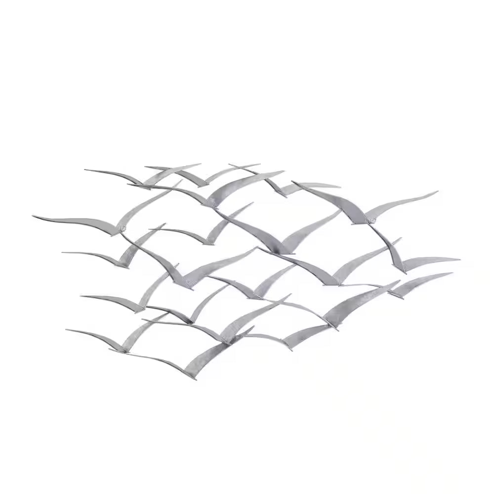 48 In. X 25 In. Metal Silver Flying Flock of Bird Wall Decor