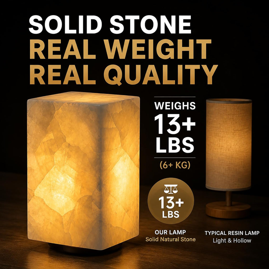 Handcrafted Natural Calcite Stone Table Lamp with Unique Crystal Texture, Dimmable 3-Color LED, Modern Decorative Cuboid Lamp for Bedroom and Living Room - White
