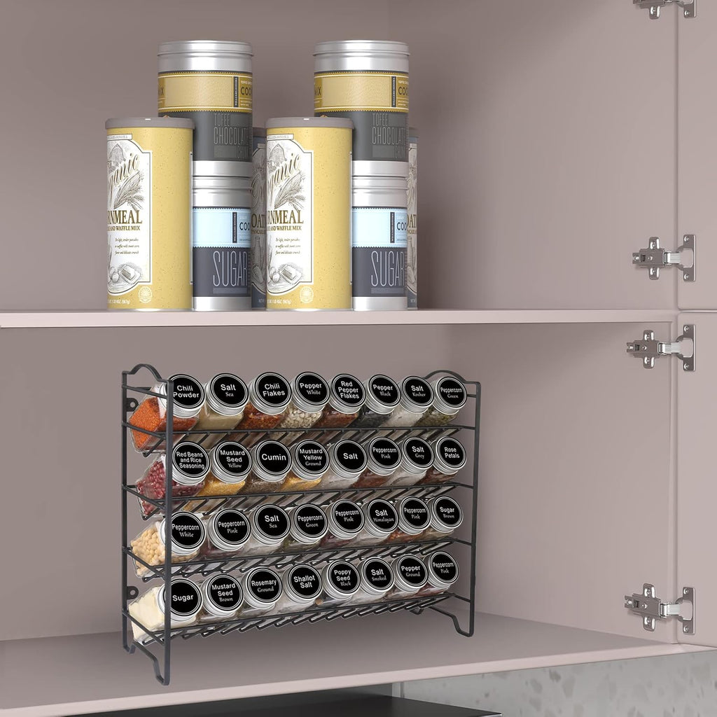 Professional Spice Rack Organizer Set with 32 Glass Jars, 396 Labels, Chalk Marker, and Funnel - Versatile Storage for Cabinets, Countertops, Cupboards, or Wall Mount - Black