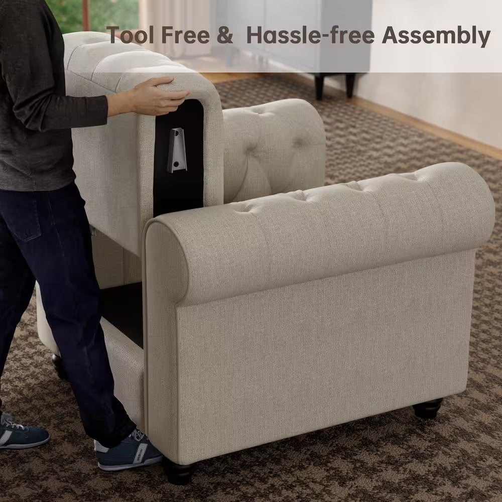 Chesterfield 3-Piece Living Room Set in Beige Linen with Rolled Arms: Sofa, Loveseat, and Chair