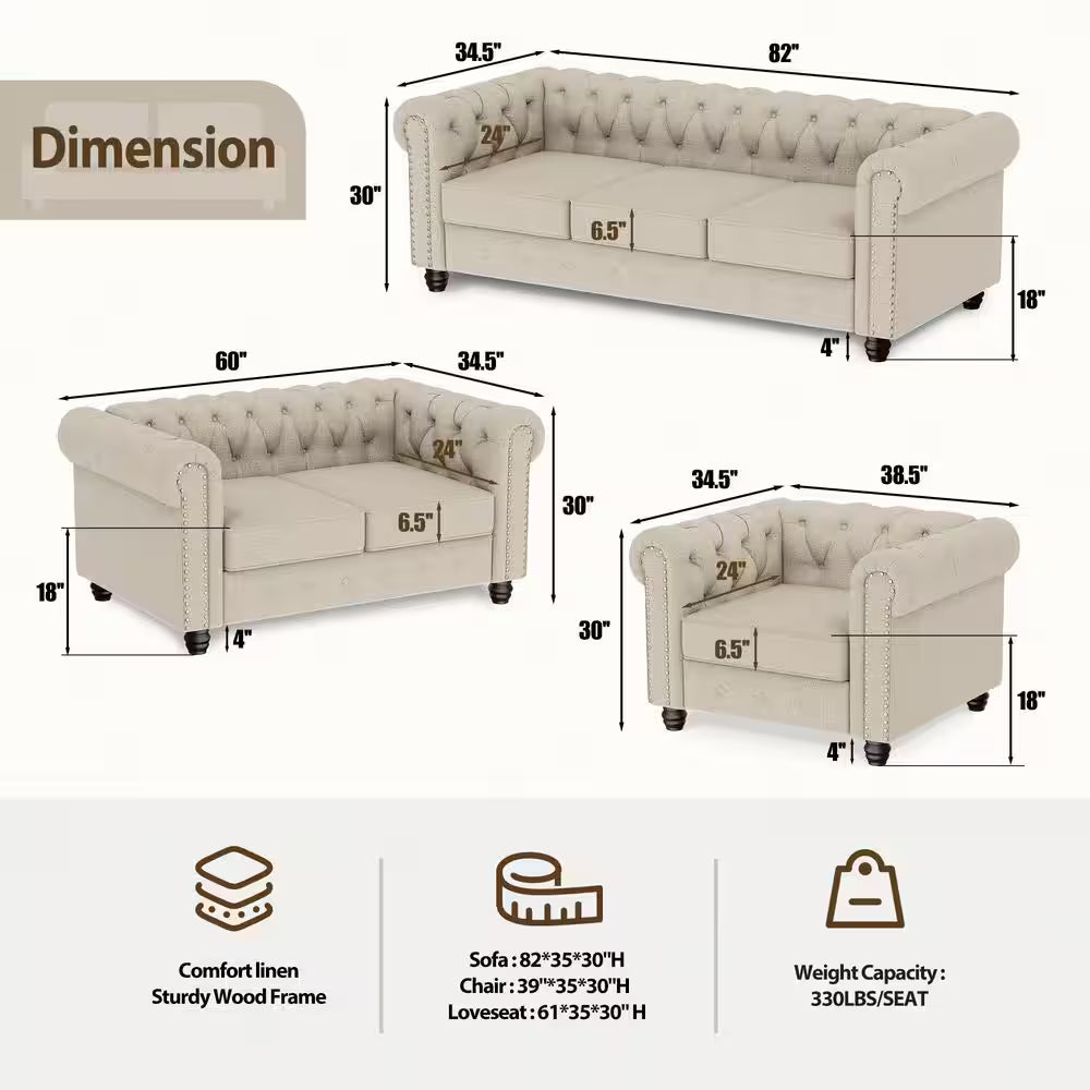 Chesterfield 3-Piece Living Room Set in Beige Linen with Rolled Arms: Sofa, Loveseat, and Chair