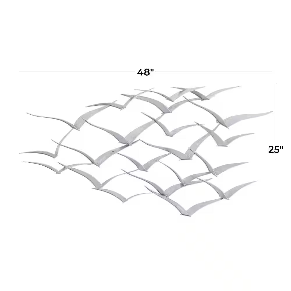 48 In. X 25 In. Metal Silver Flying Flock of Bird Wall Decor
