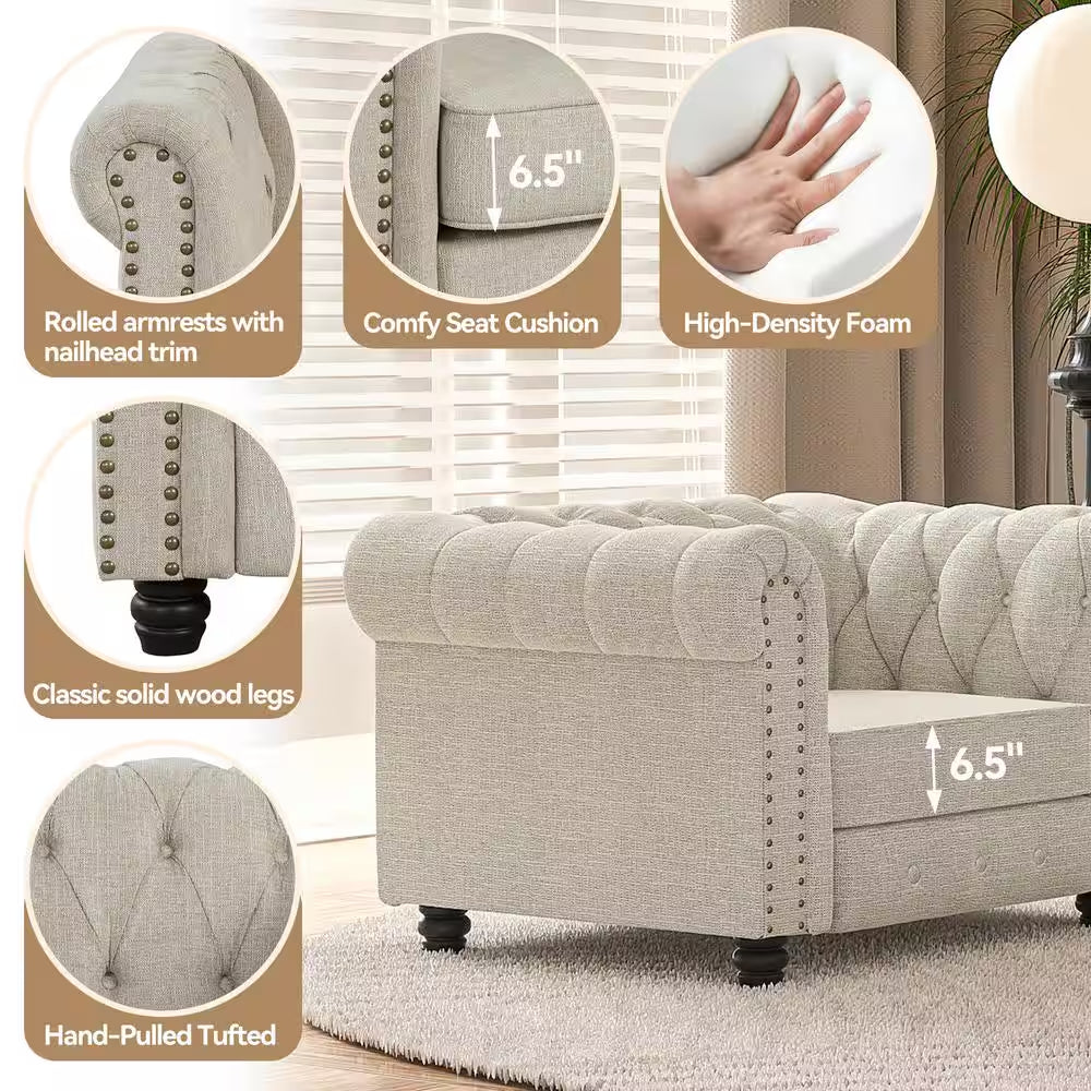 Chesterfield 3-Piece Living Room Set in Beige Linen with Rolled Arms: Sofa, Loveseat, and Chair