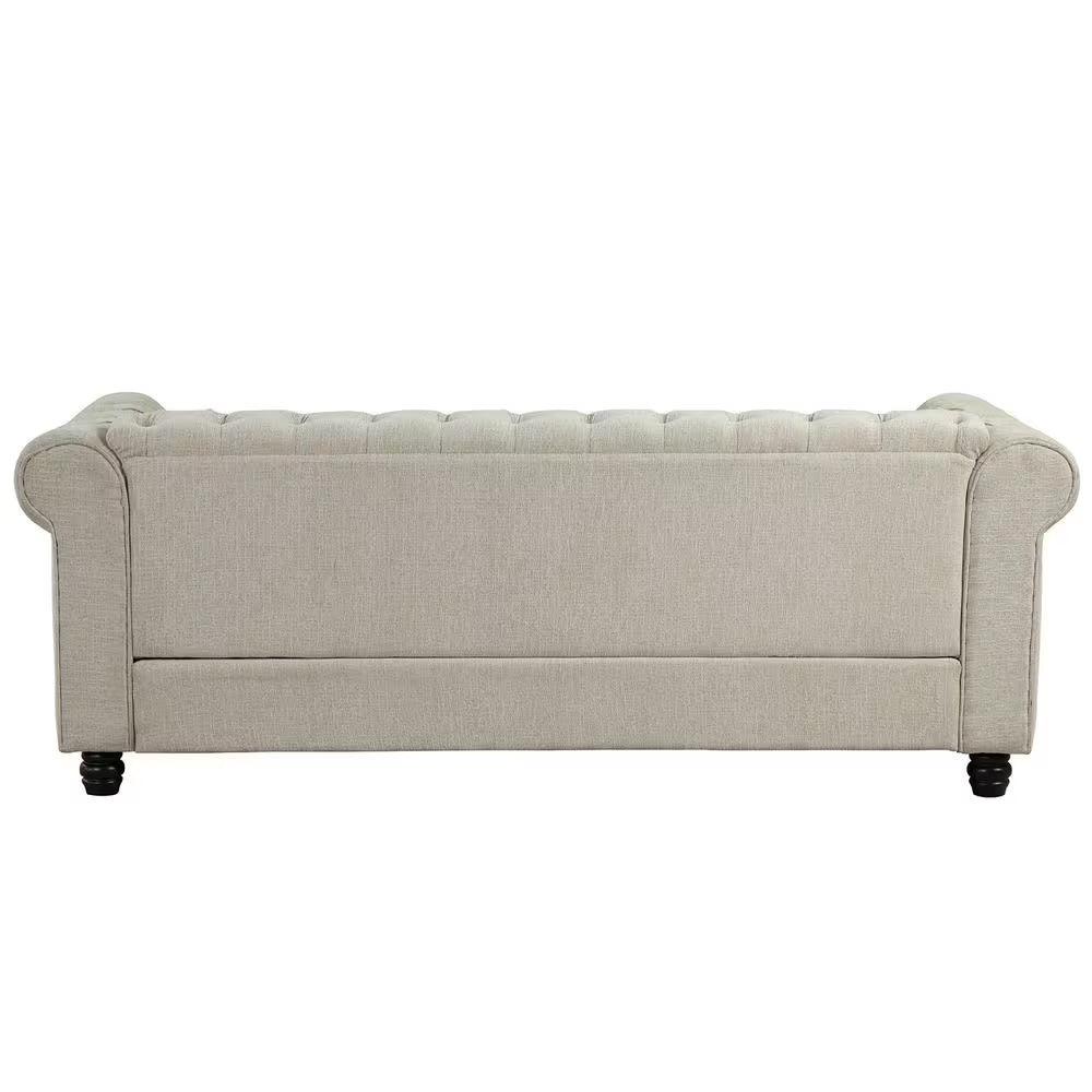 Chesterfield 3-Piece Living Room Set in Beige Linen with Rolled Arms: Sofa, Loveseat, and Chair