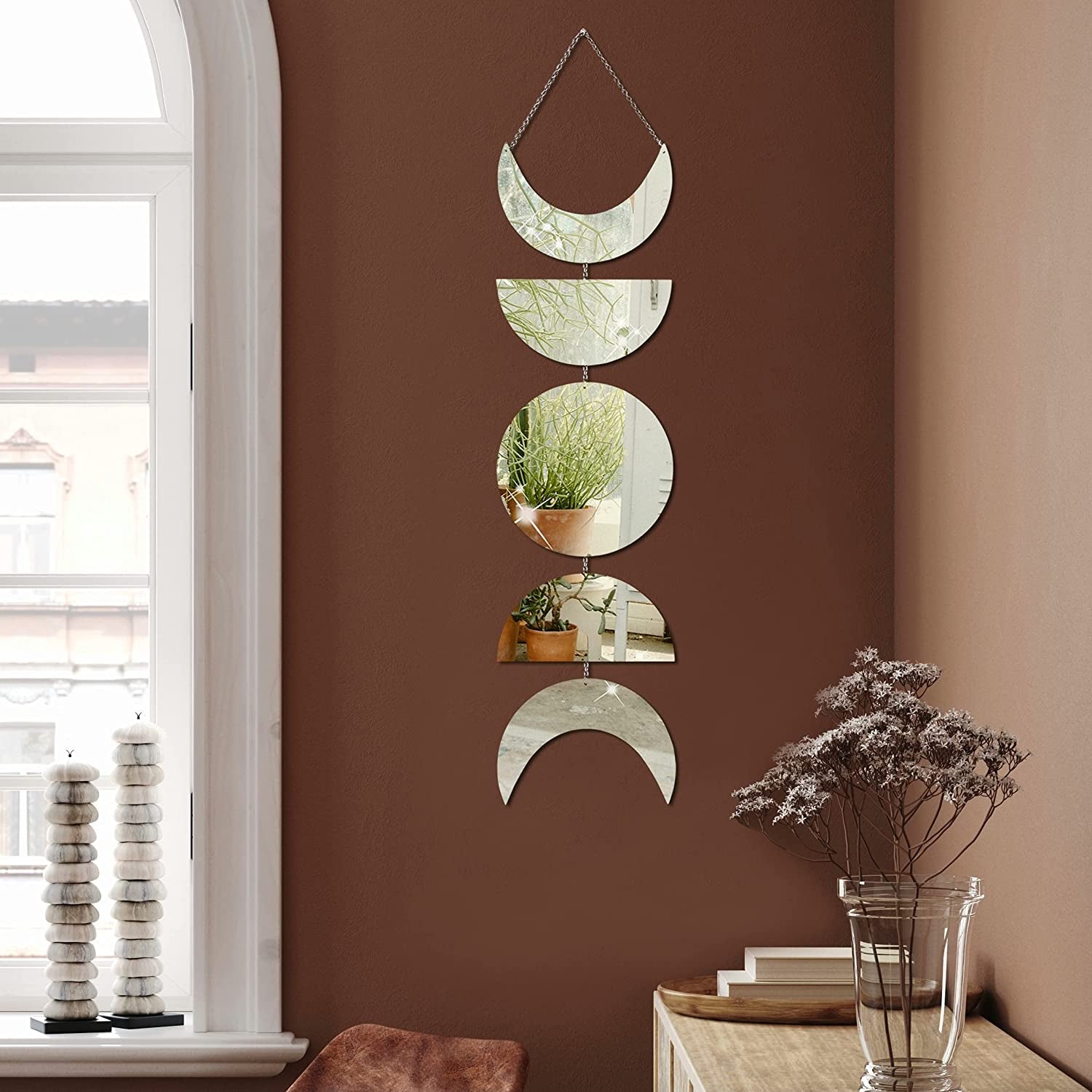 Moon Cycle Wall Decor | Acrylic Decorative Moon Phase Mirror Boho Wall Hanging | Bohemian Decor for Bedroom | Preppy Aesthetic Mirror Decorations for Living Room Moon Phases Art | Silver, Gold Decor