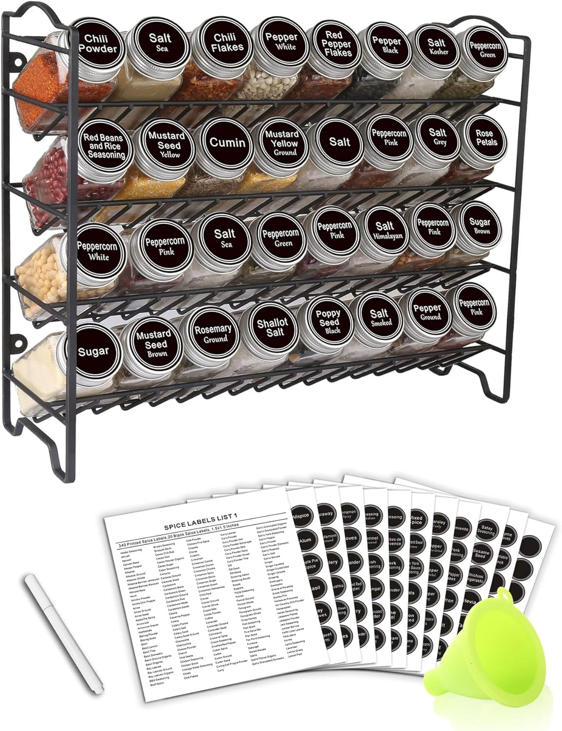 Professional Spice Rack Organizer Set with 32 Glass Jars, 396 Labels, Chalk Marker, and Funnel - Versatile Storage for Cabinets, Countertops, Cupboards, or Wall Mount - Black
