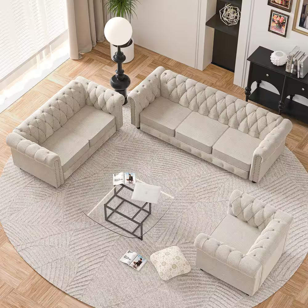 Chesterfield 3-Piece Living Room Set in Beige Linen with Rolled Arms: Sofa, Loveseat, and Chair