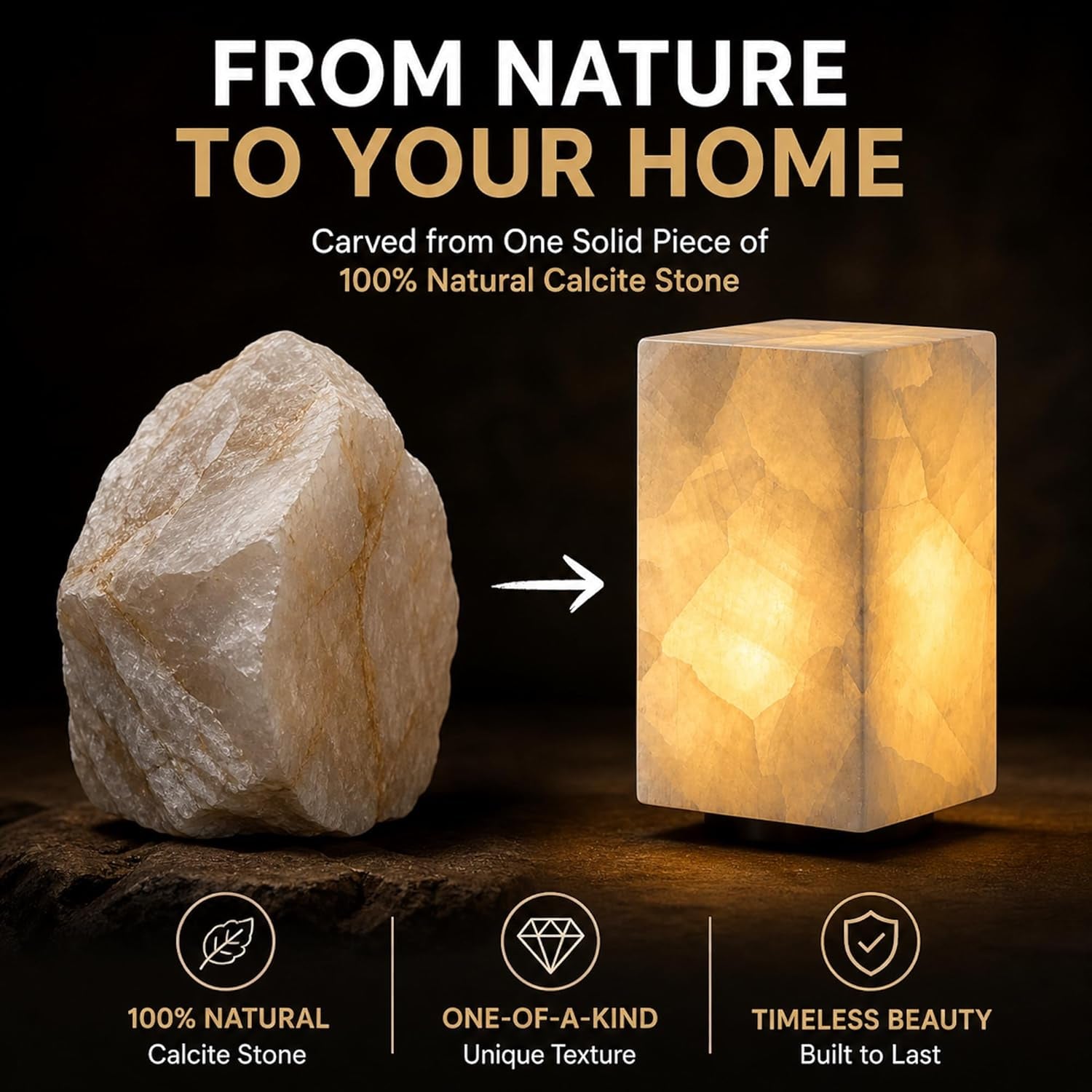 Handcrafted Natural Calcite Stone Table Lamp with Unique Crystal Texture, Dimmable 3-Color LED, Modern Decorative Cuboid Lamp for Bedroom and Living Room - White