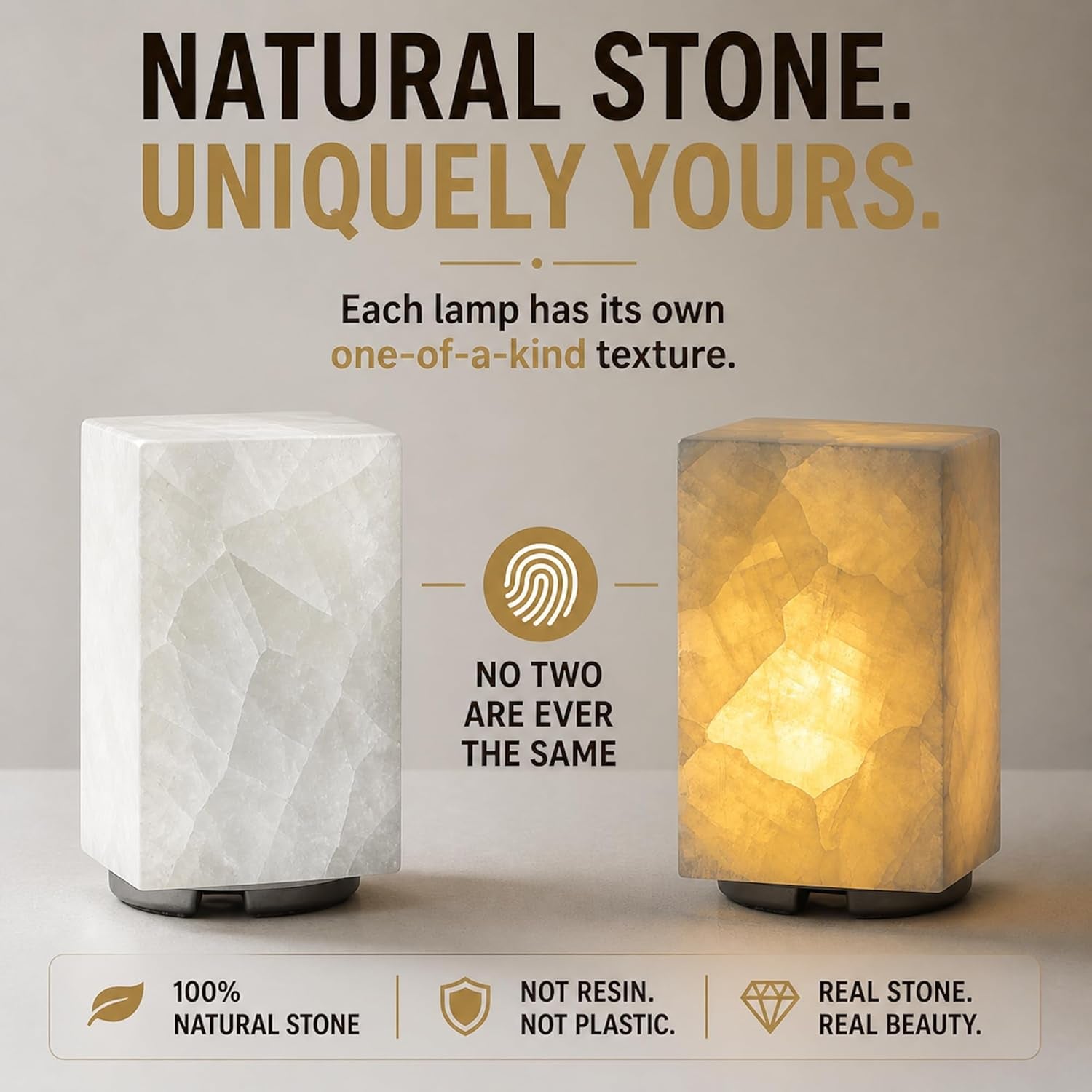 Handcrafted Natural Calcite Stone Table Lamp with Unique Crystal Texture, Dimmable 3-Color LED, Modern Decorative Cuboid Lamp for Bedroom and Living Room - White