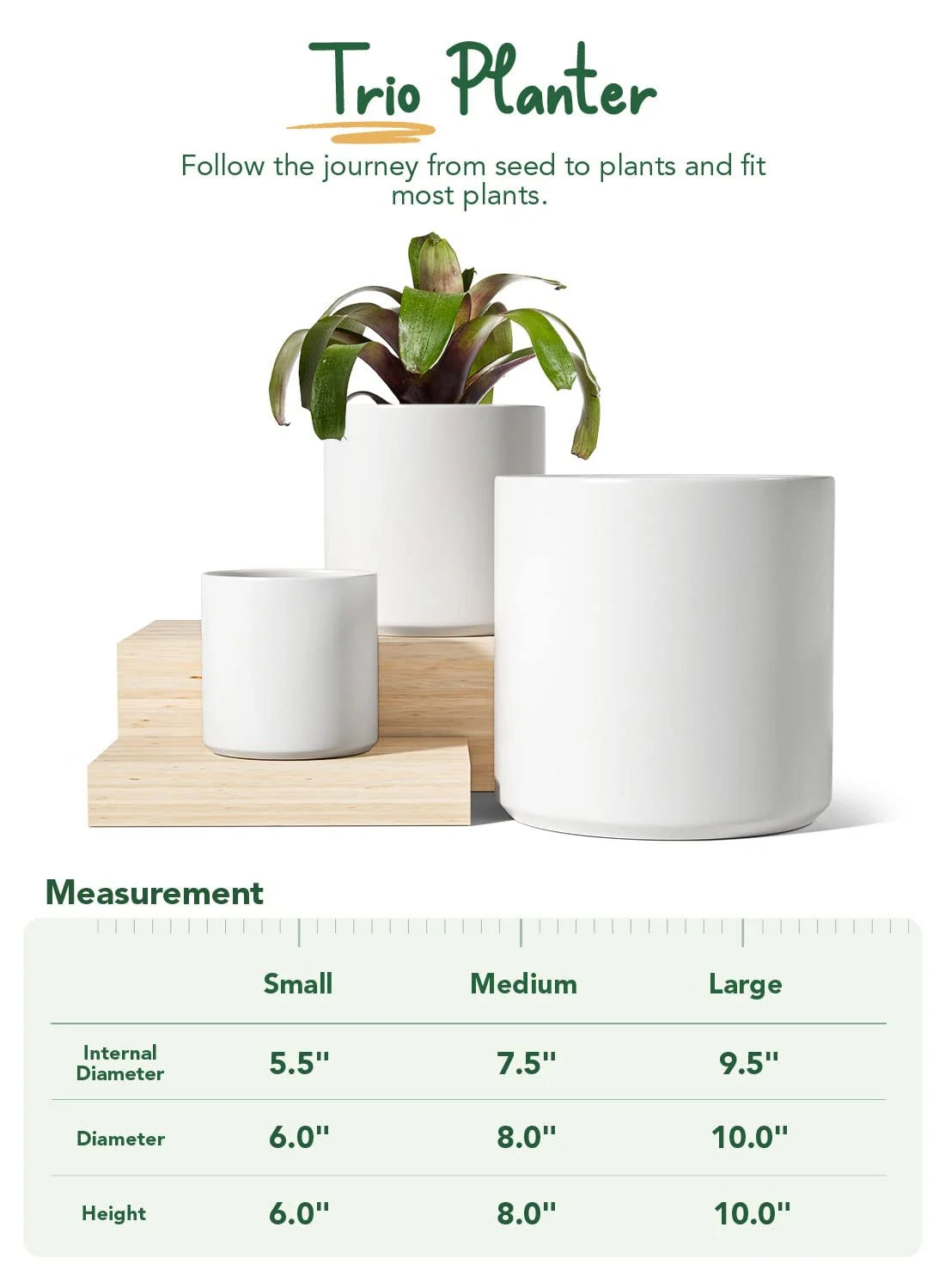 Set of 3 White Indoor Plant Pots (10", 8", 6") with Drainage Hole and Plug for Indoor and Patio Decor