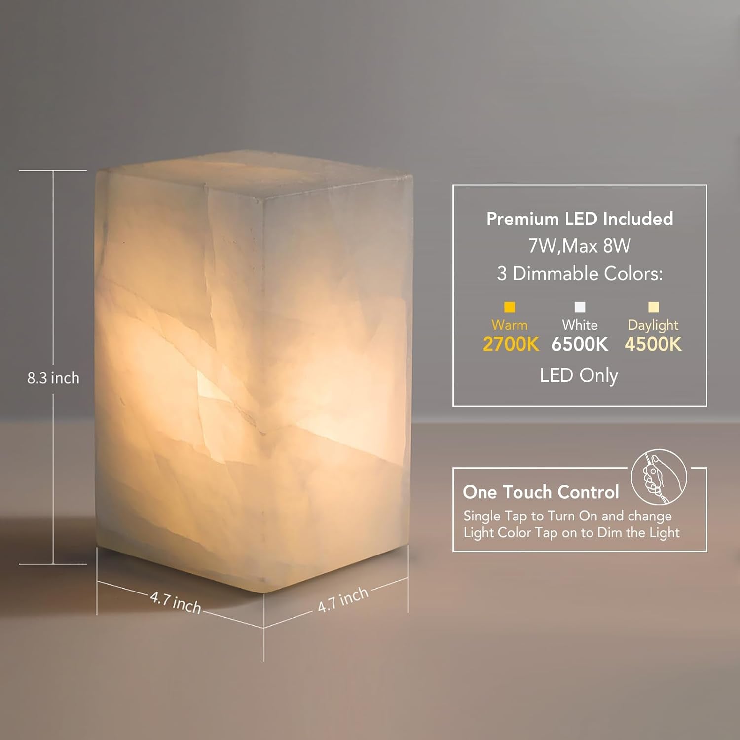 Handcrafted Natural Calcite Stone Table Lamp with Unique Crystal Texture, Dimmable 3-Color LED, Modern Decorative Cuboid Lamp for Bedroom and Living Room - White