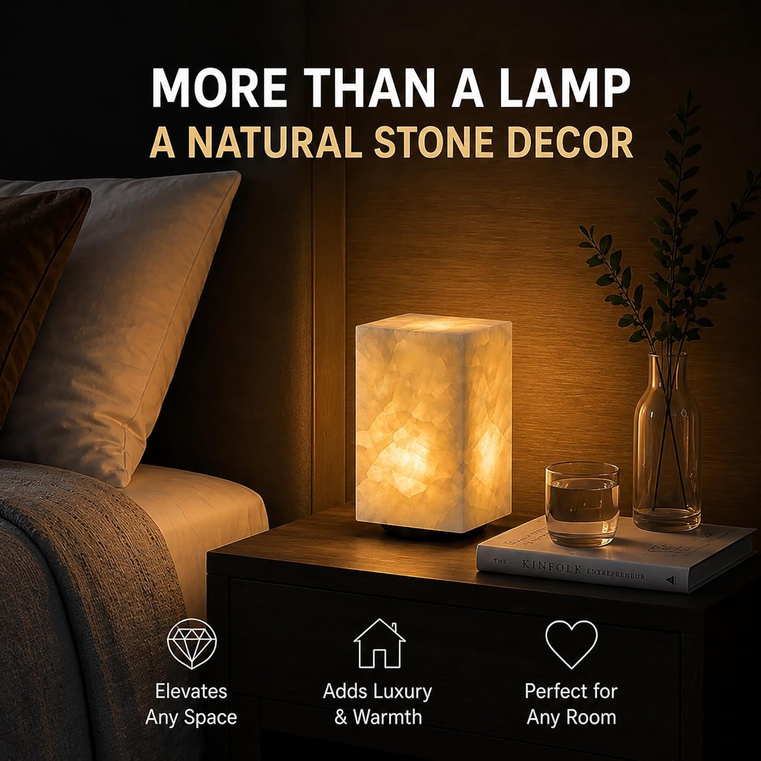 Handcrafted Natural Calcite Stone Table Lamp with Unique Crystal Texture, Dimmable 3-Color LED, Modern Decorative Cuboid Lamp for Bedroom and Living Room - White