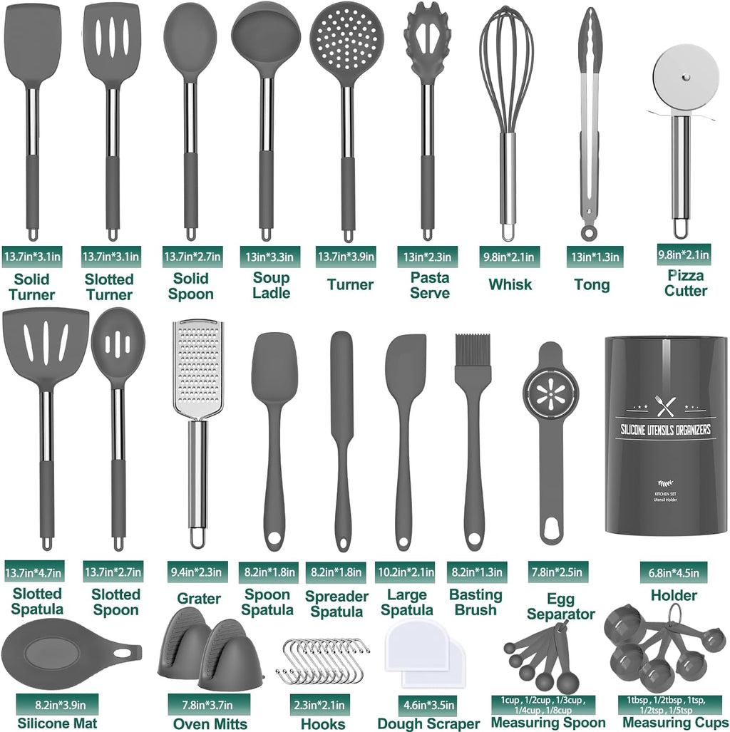 Professional Silicone Kitchen Utensil Set - 43-Piece Non-Stick Heat-Resistant Spatula with Stainless Steel Handle (Grey)