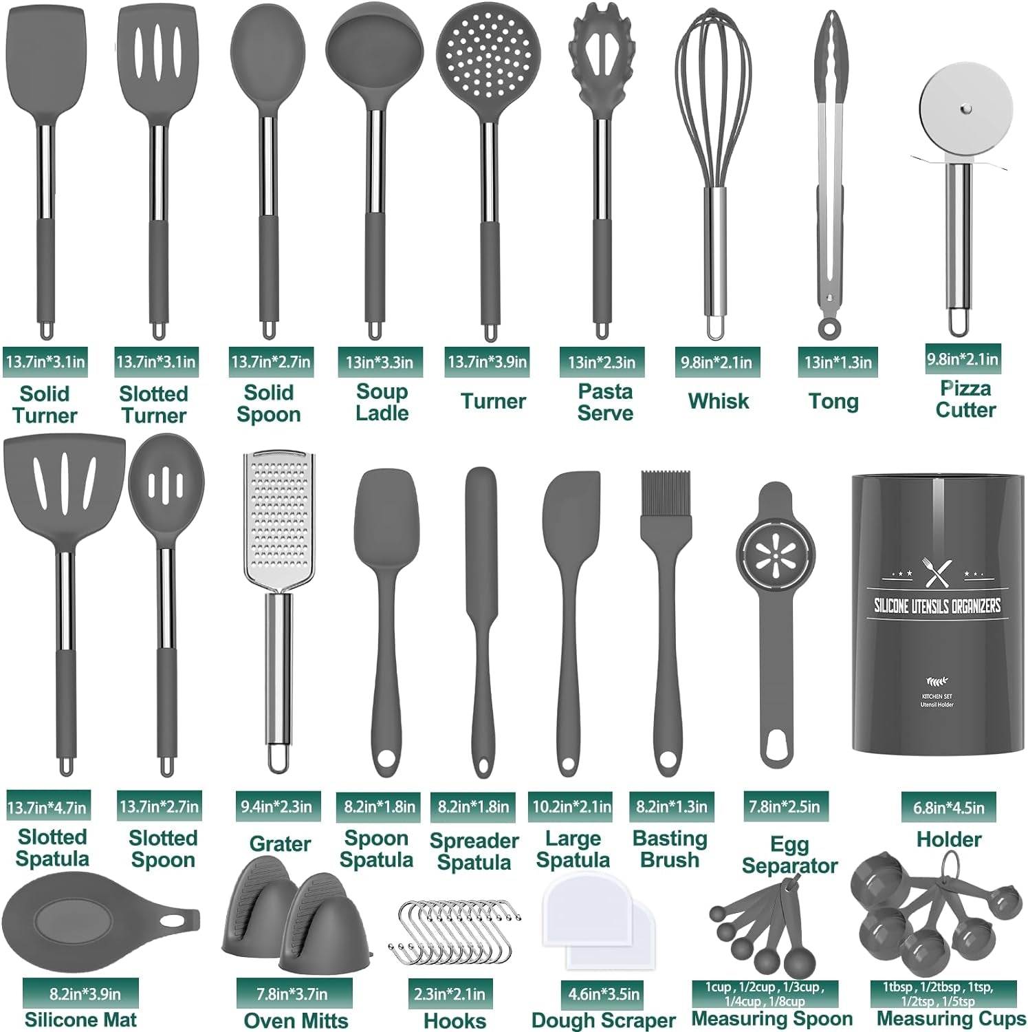 Professional Silicone Kitchen Utensil Set - 43-Piece Non-Stick Heat-Resistant Spatula with Stainless Steel Handle (Grey)