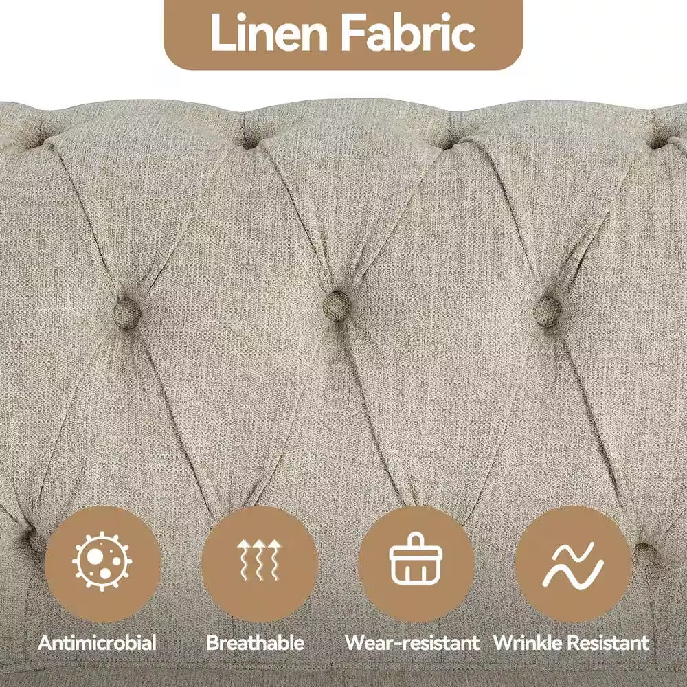 Chesterfield 3-Piece Living Room Set in Beige Linen with Rolled Arms: Sofa, Loveseat, and Chair